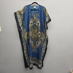 Gold Coast Kaftan Dress Womens One Size Blue Paisley Boho Tunic Kimono Cover Up